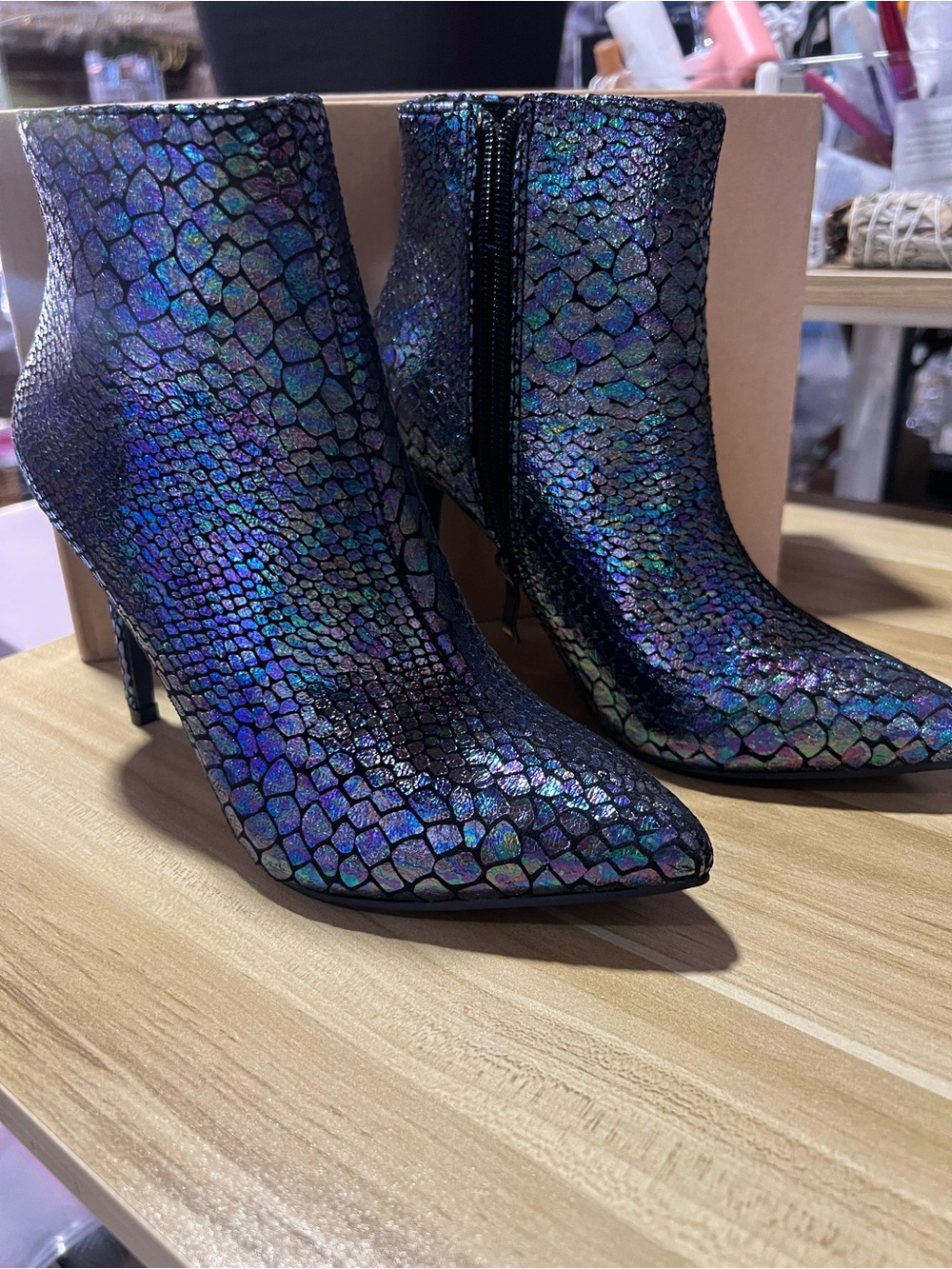 Iridescent Snake-Scale Pointed Toe Ankle Boots - Women